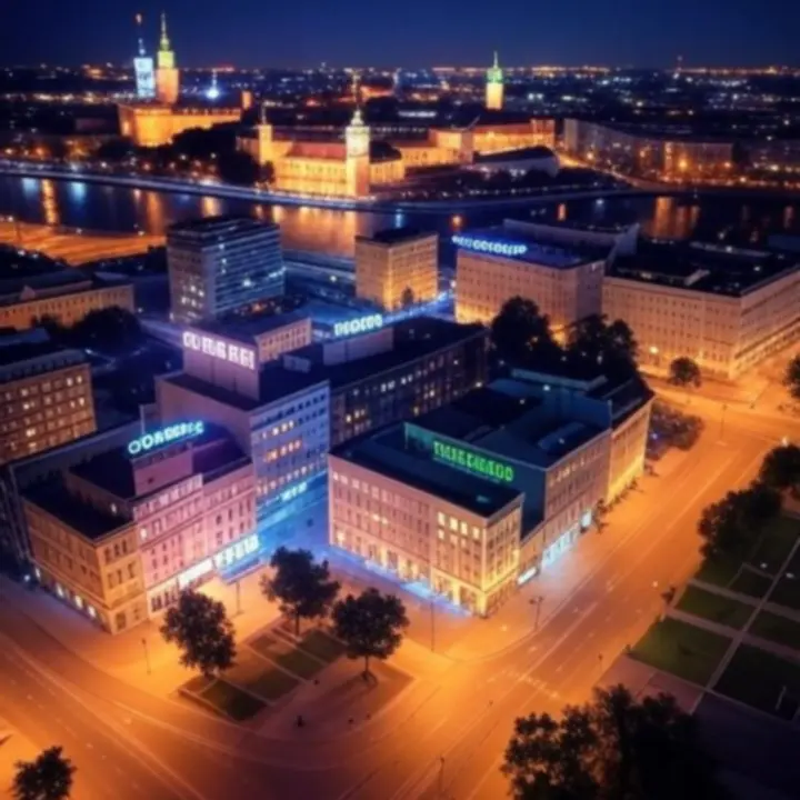 Podświetlane szyldy w centrum Warszawy nocą, widok z poziomu ulicy