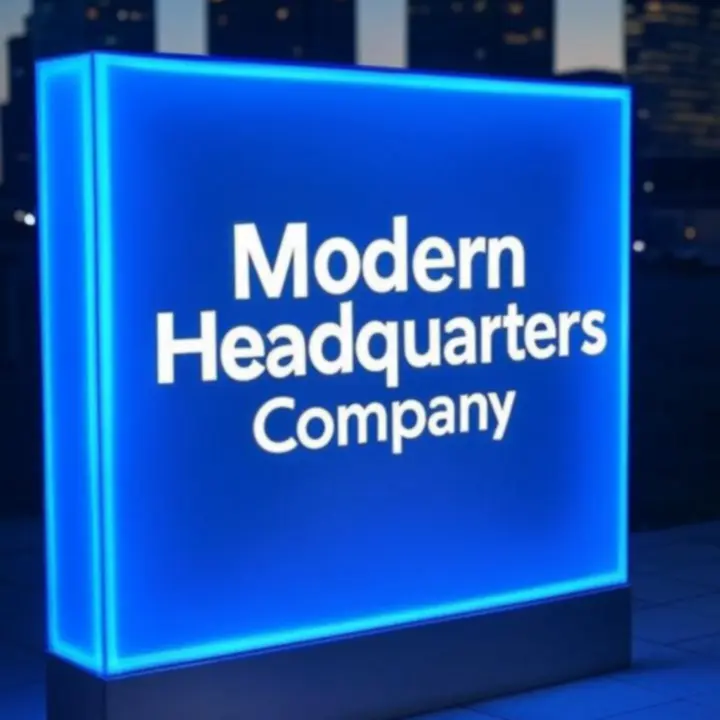 Nowoczesne, podświetlane oznakowanie na elewacji budynku nocą