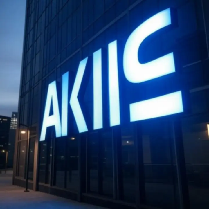 Nowoczesny podświetlany szyld na elewacji budynku nocą