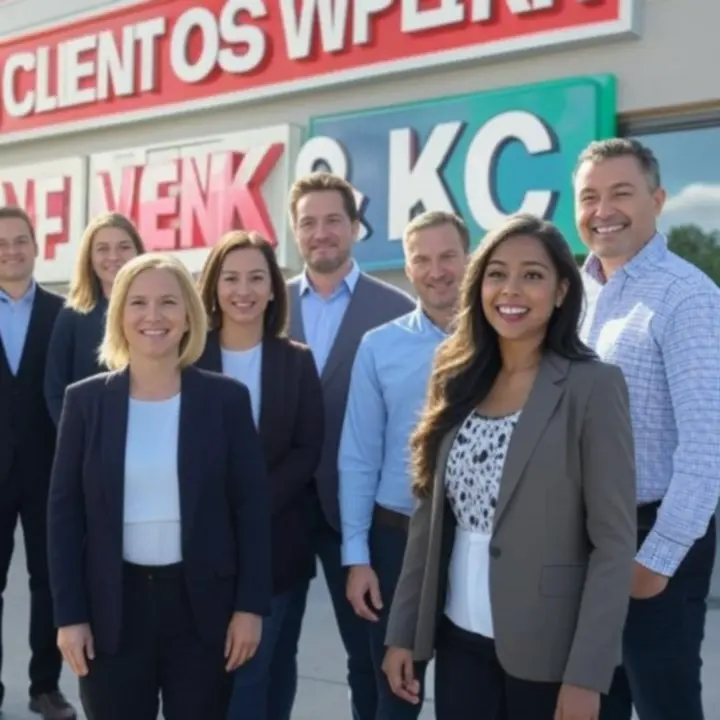 Zadowoleni klienci stojący obok nowej instalacji signage na elewacji budynku